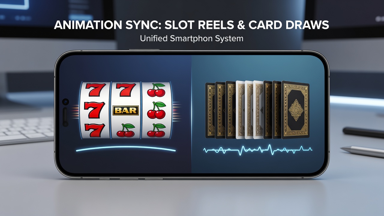 Close-up view of mobile app interface showing precise timing alignment between spinning reels and emerging card graphics