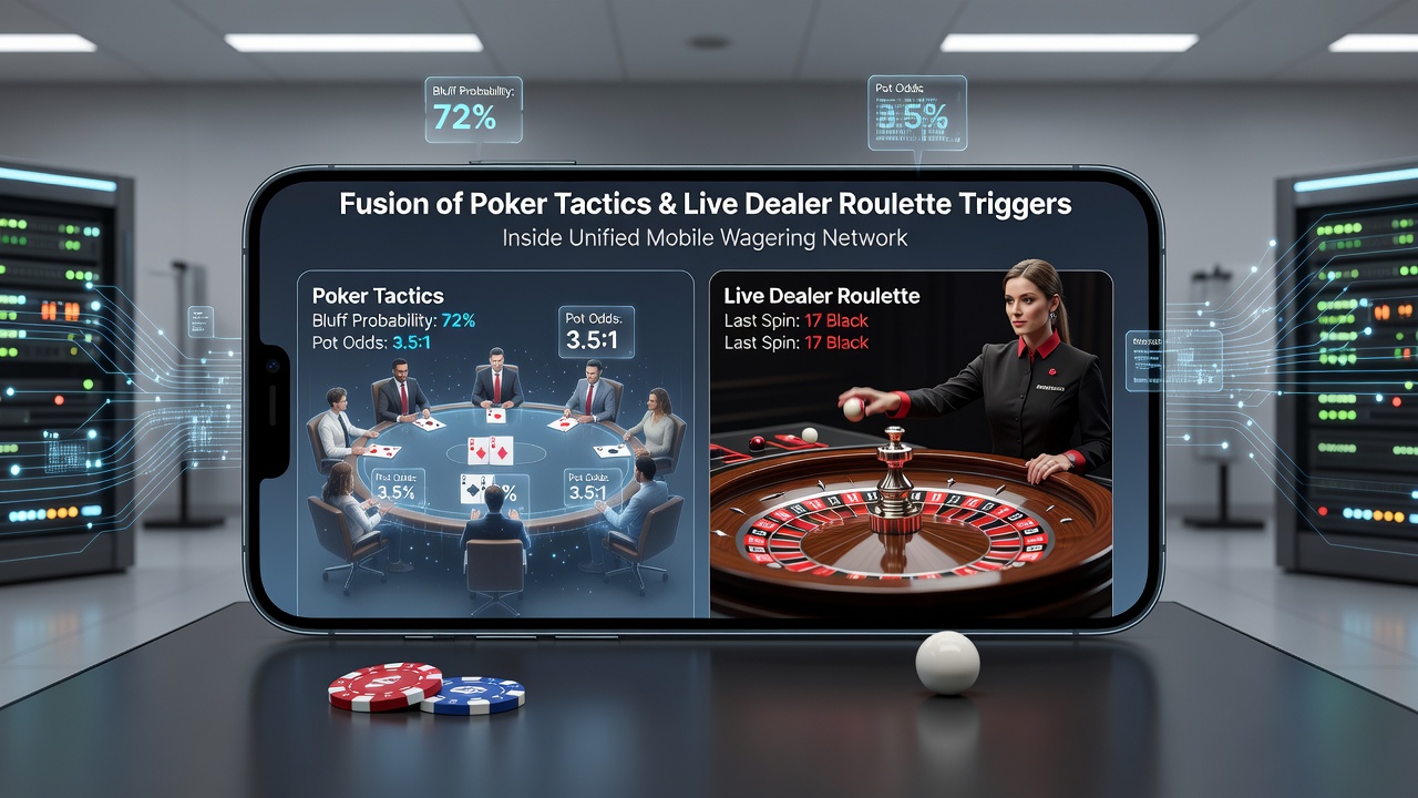 Live dealer roulette table displayed within a mobile app alongside poker strategy indicators